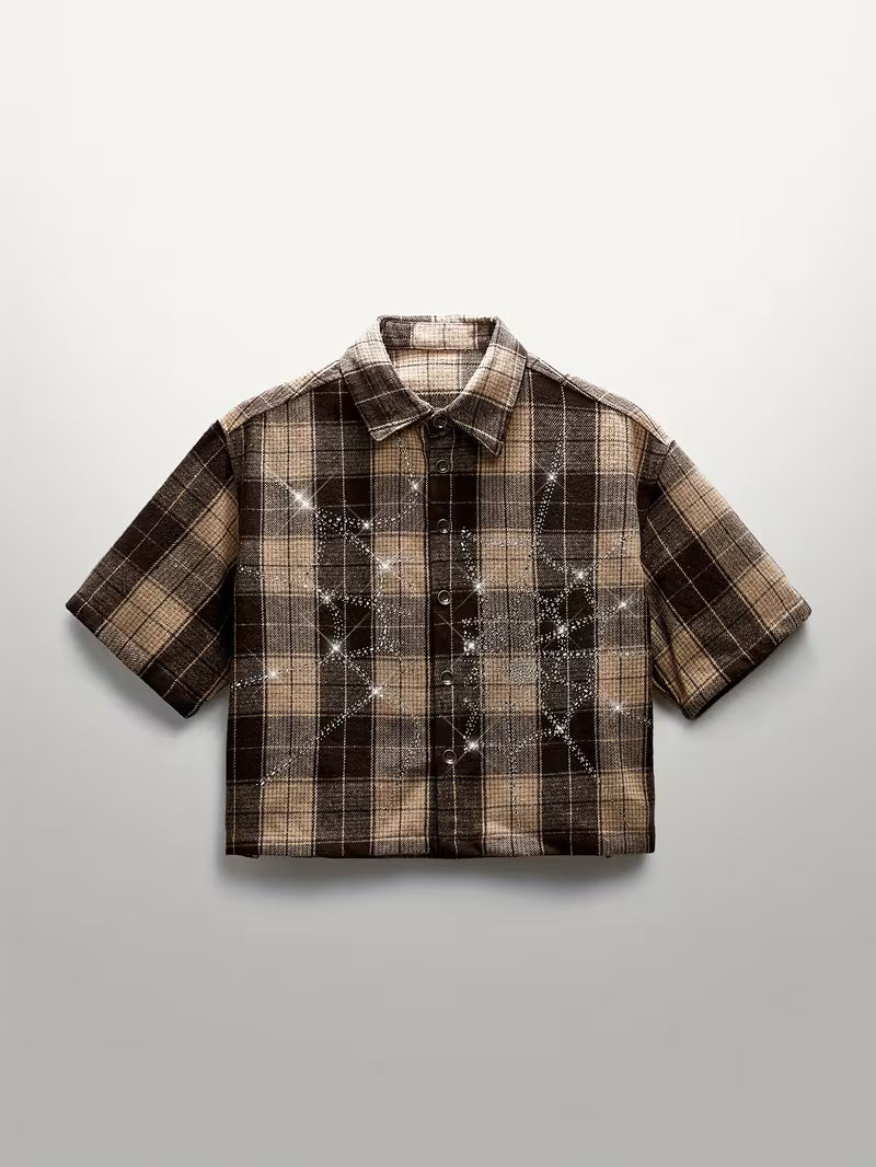 Short Sleeve Knitted Shirt with Crystal Spiderweb Pattern