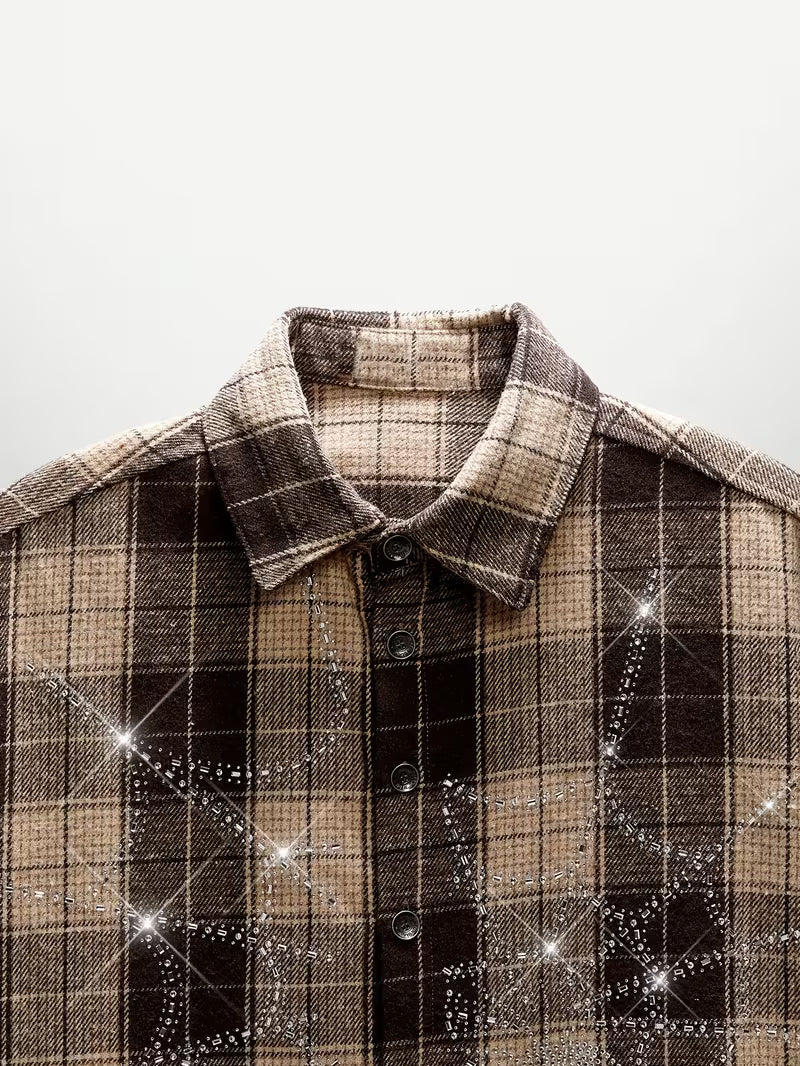 Short Sleeve Knitted Shirt with Crystal Spiderweb Pattern