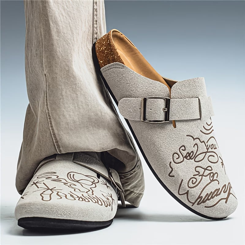 Men's closed-toe mule-style flip-flops, vintage graffiti style