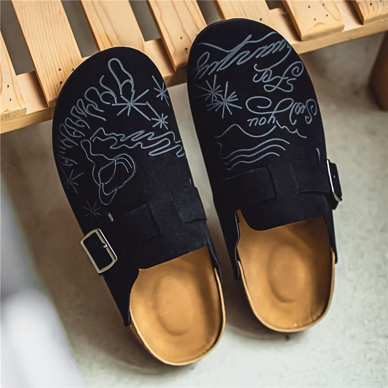 Men's closed-toe mule-style flip-flops, vintage graffiti style
