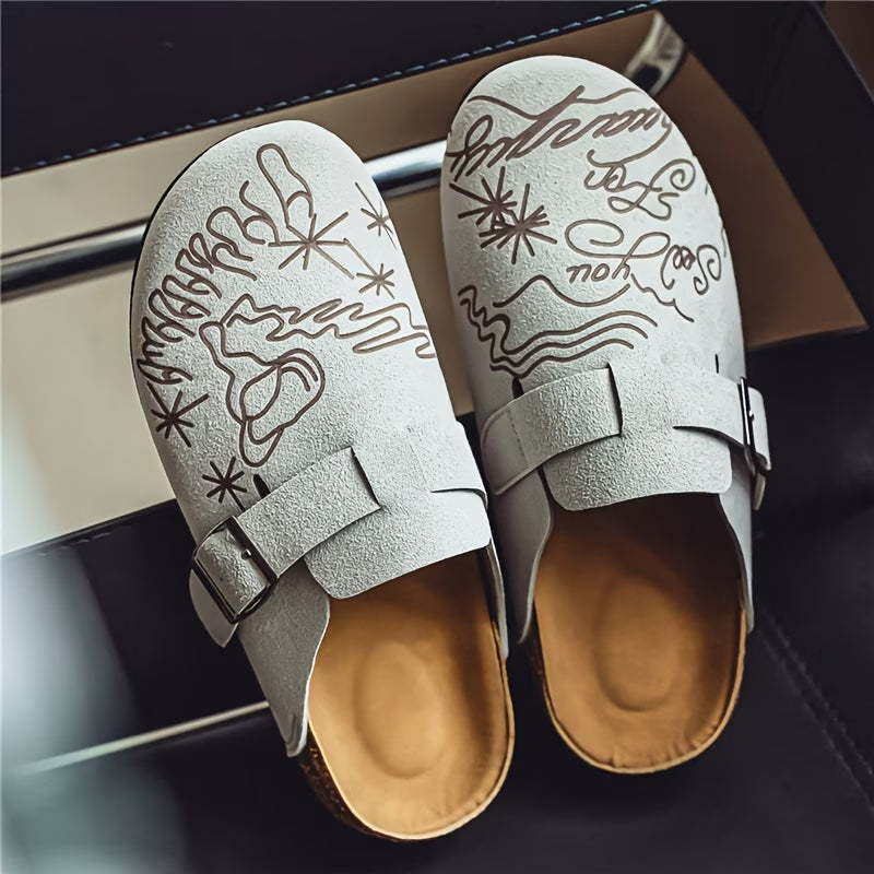 Men's closed-toe mule-style flip-flops, vintage graffiti style