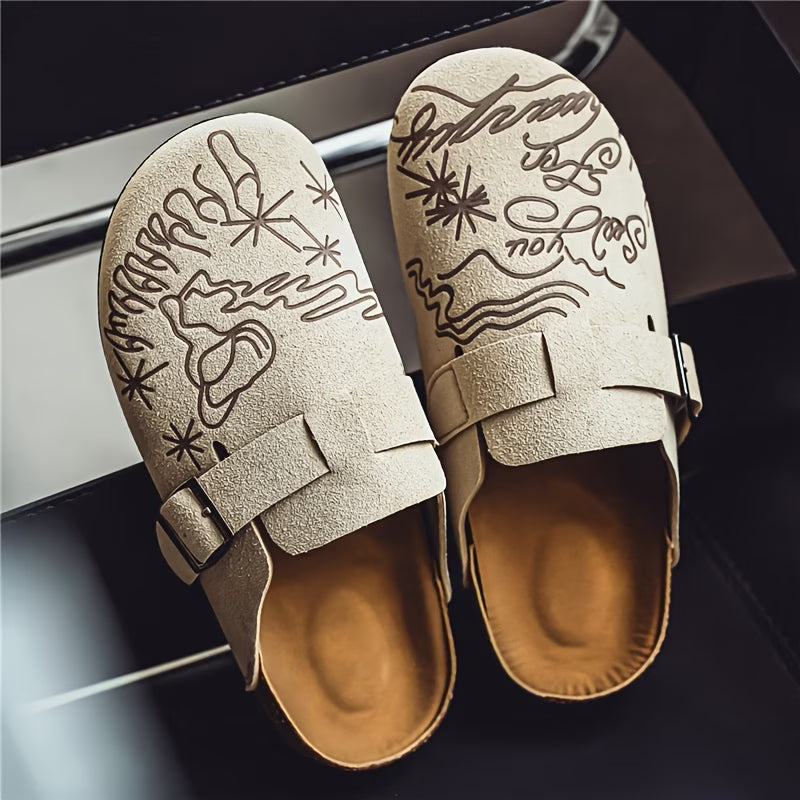 Men's closed-toe mule-style flip-flops, vintage graffiti style
