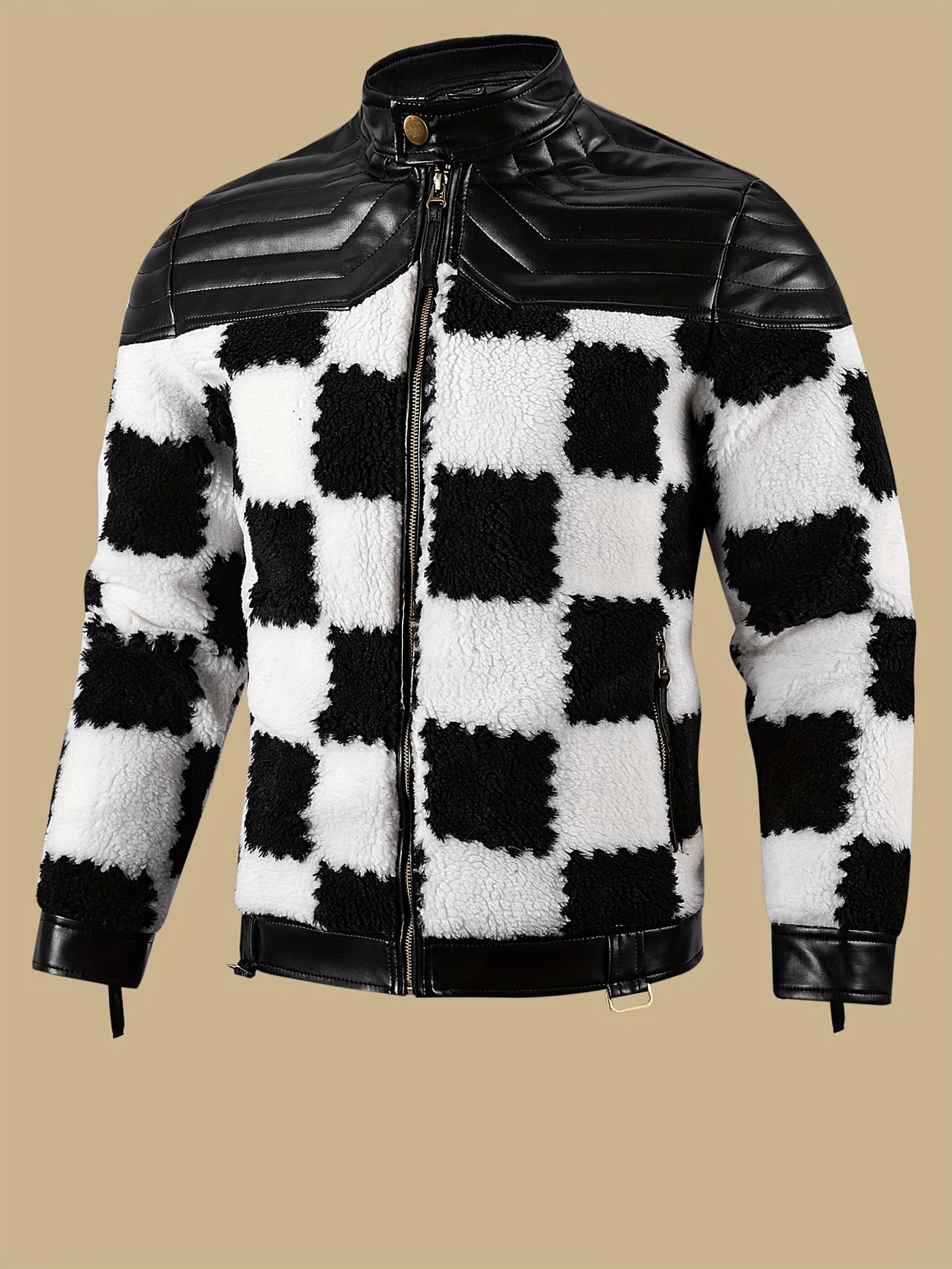 Men's Leather Jacket, Fleece Jacket with High Collar