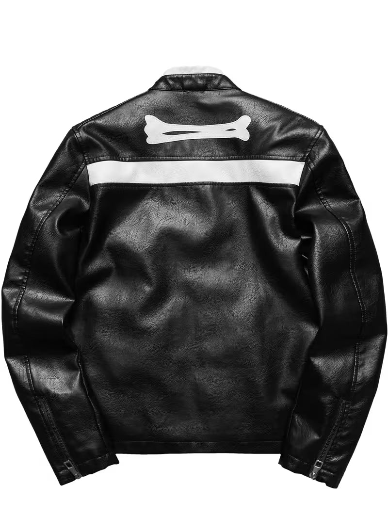 Men's Color Block Jacket, Leather Zip-Up Coat